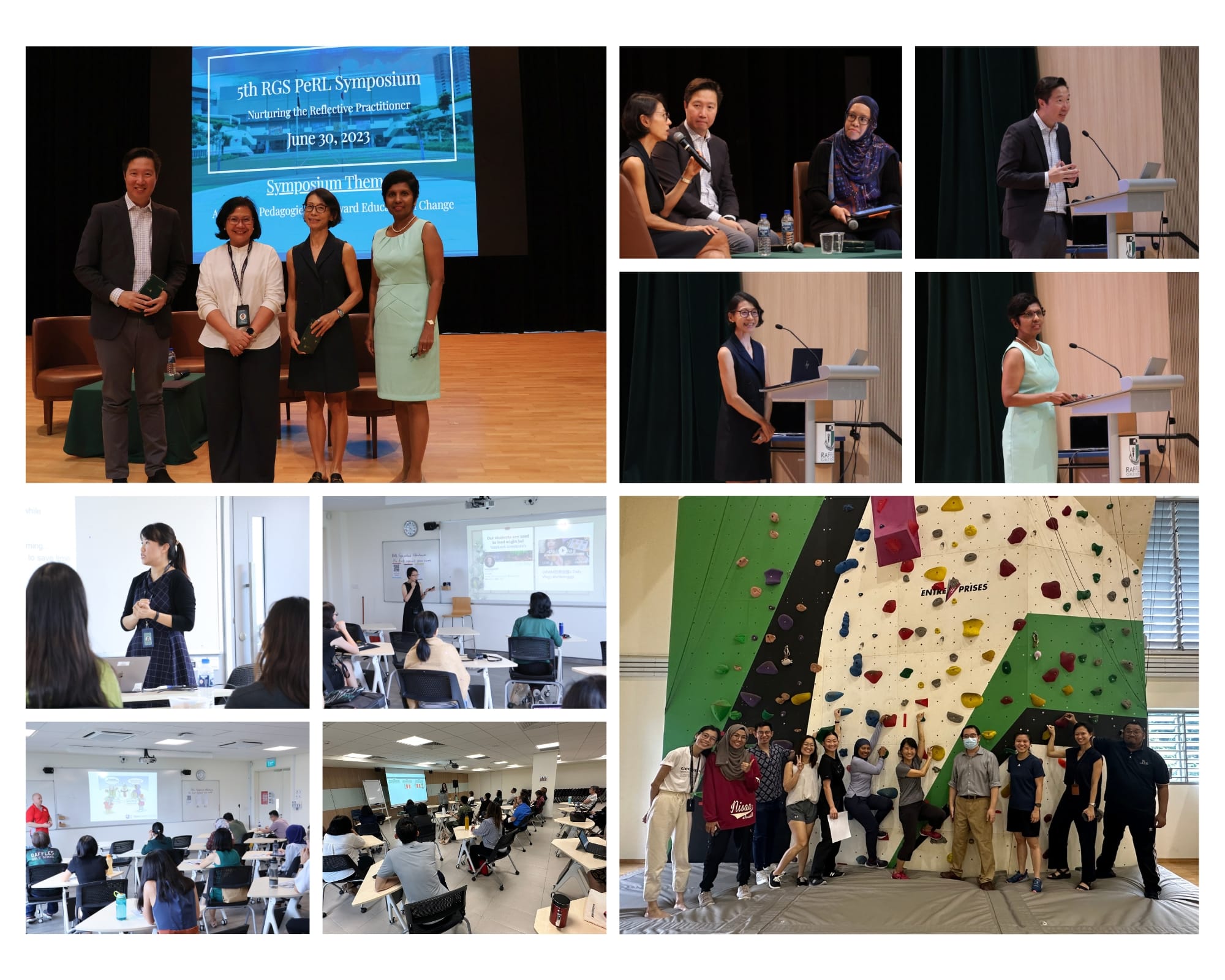 Collage of the 5th RGS PeRL Symposium on June 30, 2023, showing speakers, panel discussions, workshops, and a group photo by a climbing wall.